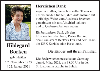 Traueranzeige von Hildegard Borken von Neue Osnabrücker Zeitung GmbH & Co. KG