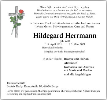 Traueranzeige von Hildegard Herrmann von Neue Osnabrücker Zeitung GmbH & Co. KG