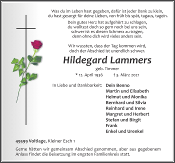 Traueranzeige von Hildegard Lammers von Neue Osnabrücker Zeitung GmbH & Co. KG