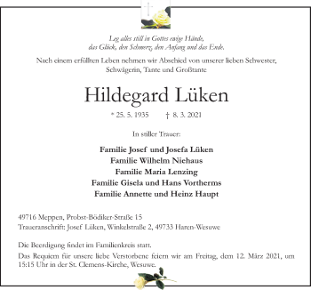 Traueranzeige von Hildegard Lüken von Neue Osnabrücker Zeitung GmbH & Co. KG