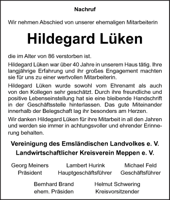 Traueranzeige von Hildegard Lüken von Neue Osnabrücker Zeitung GmbH & Co. KG