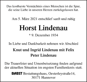 Traueranzeige von Horst Lindenau von Neue Osnabrücker Zeitung GmbH & Co. KG