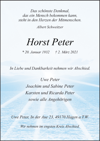 Traueranzeige von Horst Peter von Neue Osnabrücker Zeitung GmbH & Co. KG