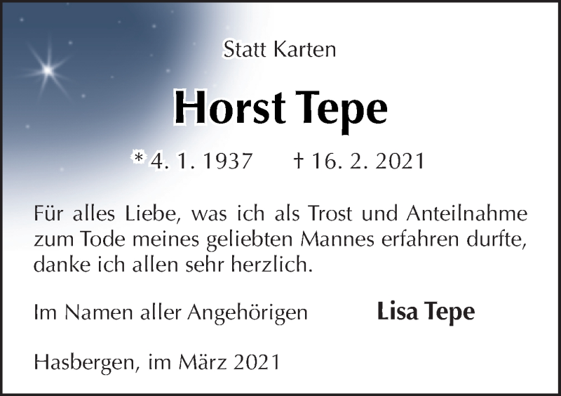  Traueranzeige für Horst Tepe vom 06.03.2021 aus Neue Osnabrücker Zeitung GmbH & Co. KG