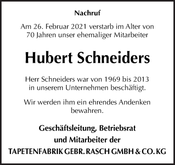 Traueranzeige von Hubert Schneiders von Neue Osnabrücker Zeitung GmbH & Co. KG