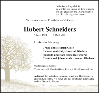 Traueranzeige von Hubert Schneiders von Neue Osnabrücker Zeitung GmbH & Co. KG