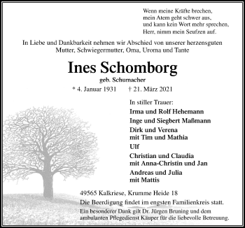 Traueranzeige von Ines Schomborg von Neue Osnabrücker Zeitung GmbH & Co. KG