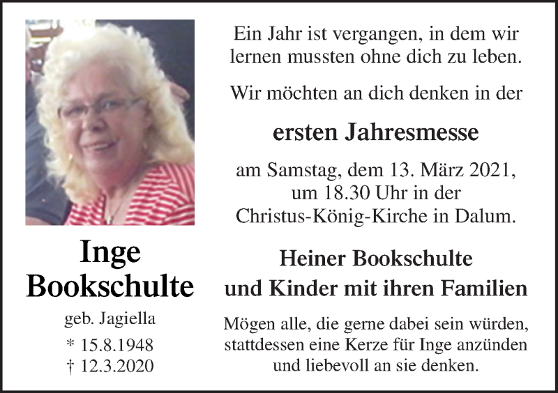  Traueranzeige für Inge Bookschulte vom 10.03.2021 aus Neue Osnabrücker Zeitung GmbH & Co. KG