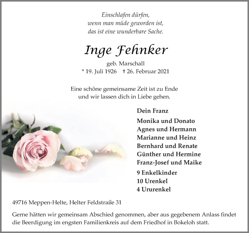  Traueranzeige für Inge Fehnker vom 01.03.2021 aus Neue Osnabrücker Zeitung GmbH & Co. KG