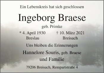 Traueranzeige von Ingeborg Braese von Neue Osnabrücker Zeitung GmbH & Co. KG