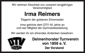 Traueranzeige von Irma Reimers von Neue Osnabrücker Zeitung GmbH & Co. KG