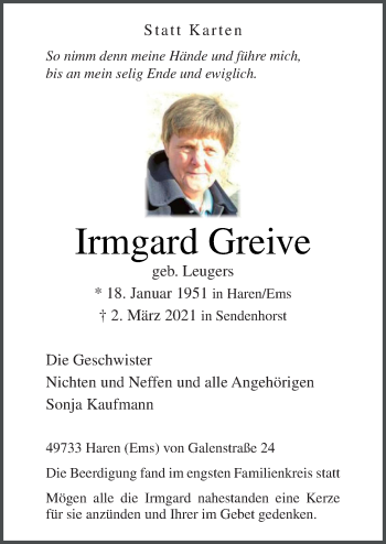 Traueranzeige von Irmgard Greive von Neue Osnabrücker Zeitung GmbH & Co. KG