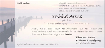 Traueranzeige von Irmhild Arens von Neue Osnabrücker Zeitung GmbH & Co. KG