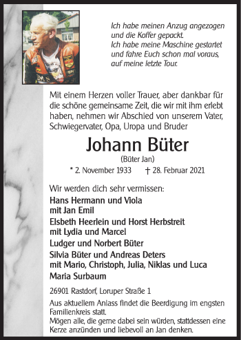 Traueranzeige von Johann Büter von Neue Osnabrücker Zeitung GmbH & Co. KG