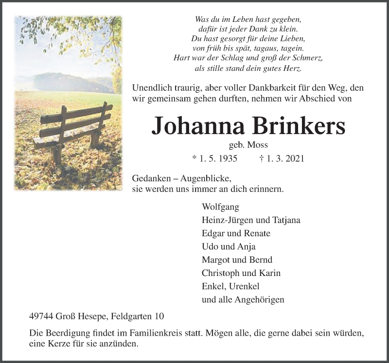  Traueranzeige für Johanna Brinkers vom 03.03.2021 aus Neue Osnabrücker Zeitung GmbH & Co. KG