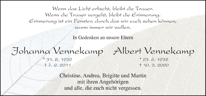  Traueranzeige für Johanna und Albert Vennekamp vom 13.03.2021 aus Neue Osnabrücker Zeitung GmbH & Co. KG