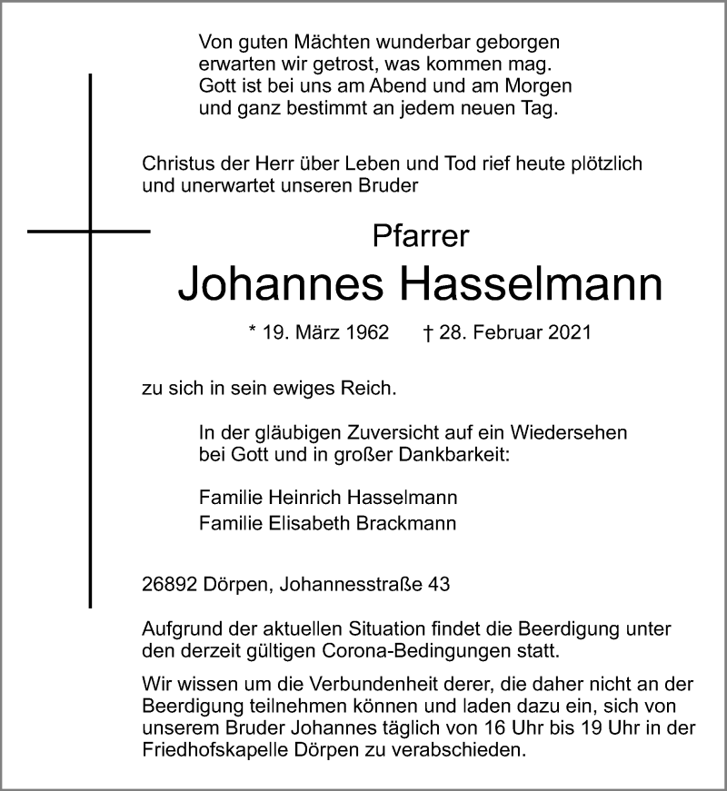  Traueranzeige für Johannes Hasselmann vom 02.03.2021 aus Neue Osnabrücker Zeitung GmbH & Co. KG