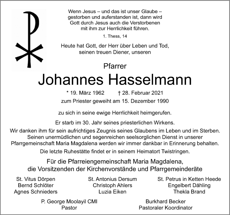  Traueranzeige für Johannes Hasselmann vom 03.03.2021 aus Neue Osnabrücker Zeitung GmbH & Co. KG