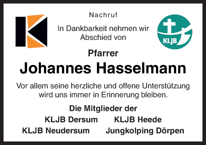  Traueranzeige für Johannes Hasselmann vom 09.03.2021 aus Neue Osnabrücker Zeitung GmbH & Co. KG