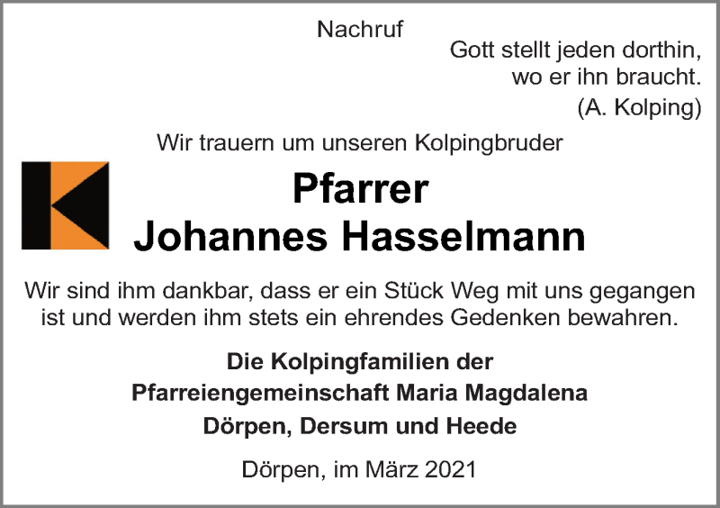  Traueranzeige für Johannes Hasselmann vom 05.03.2021 aus Neue Osnabrücker Zeitung GmbH & Co. KG