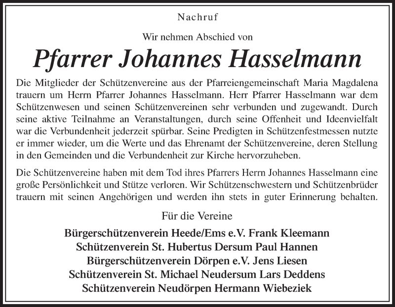  Traueranzeige für Johannes Hasselmann vom 04.03.2021 aus Neue Osnabrücker Zeitung GmbH & Co. KG