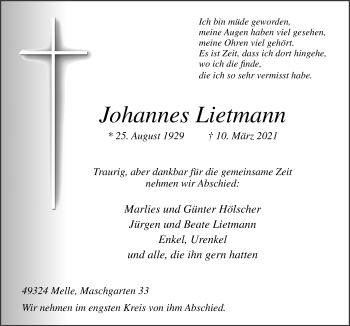 Traueranzeige von Johannes Lietmann von Neue Osnabrücker Zeitung GmbH & Co. KG
