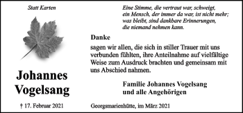 Traueranzeige von Johannes Vogelsang von Neue Osnabrücker Zeitung GmbH & Co. KG