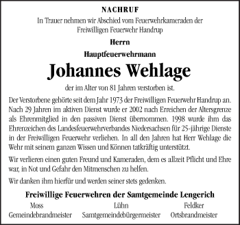 Traueranzeige von Johannes Wehlage von Neue Osnabrücker Zeitung GmbH & Co. KG