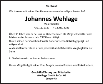 Traueranzeige von Johannes Wehlage von Neue Osnabrücker Zeitung GmbH & Co. KG