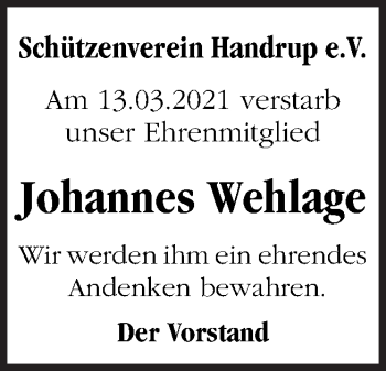 Traueranzeige von Johannes Wehlage von Neue Osnabrücker Zeitung GmbH & Co. KG