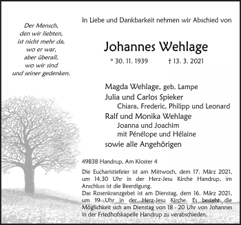 Traueranzeige von Johannes Wehlage von Neue Osnabrücker Zeitung GmbH & Co. KG