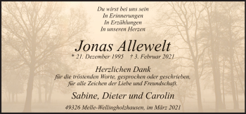 Traueranzeige von Jonas Allewelt von Neue Osnabrücker Zeitung GmbH & Co. KG