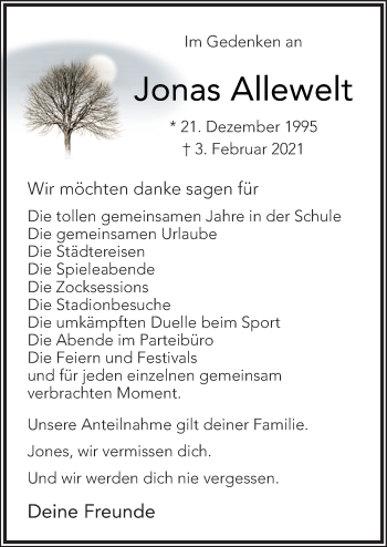 Traueranzeige von Jonas Allewelt von Neue Osnabrücker Zeitung GmbH & Co. KG