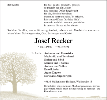 Traueranzeige von Josef Recker von Neue Osnabrücker Zeitung GmbH & Co. KG