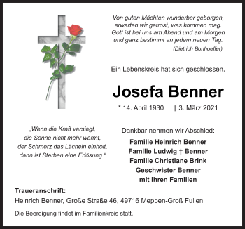 Traueranzeige von Josefa Benner von Neue Osnabrücker Zeitung GmbH & Co. KG