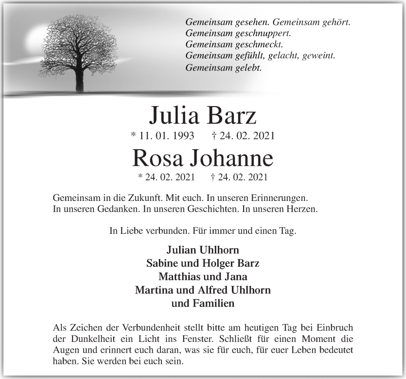 Traueranzeigen Von Julia Rosa Barz Johanne Noz Trauerportal My Xxx