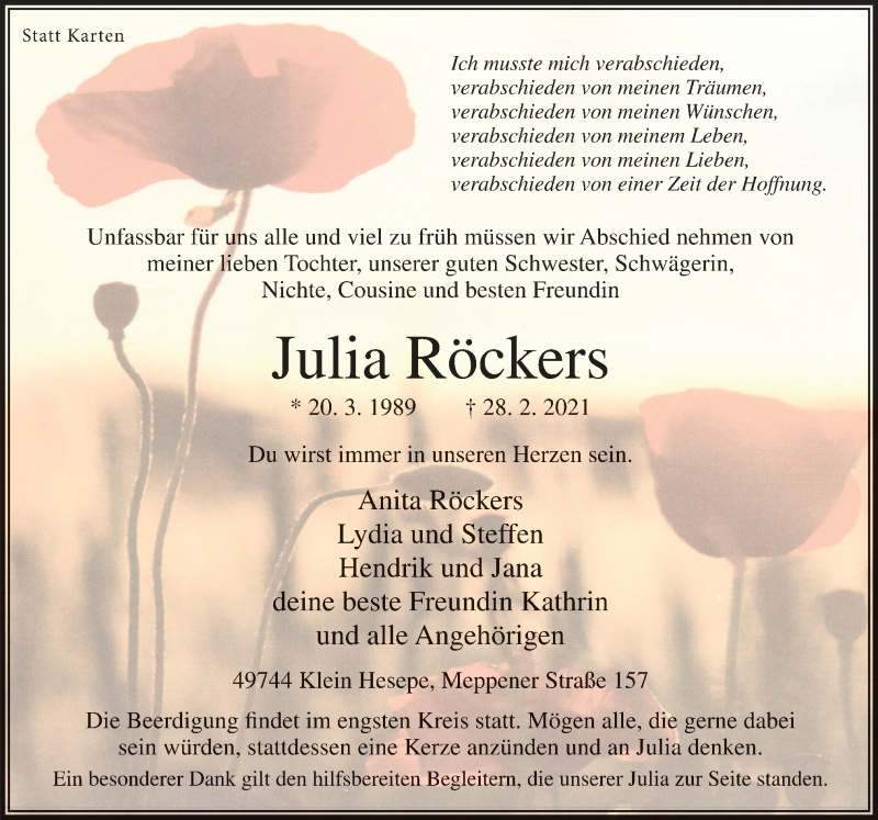  Traueranzeige für Julia Röckers vom 03.03.2021 aus Neue Osnabrücker Zeitung GmbH & Co. KG