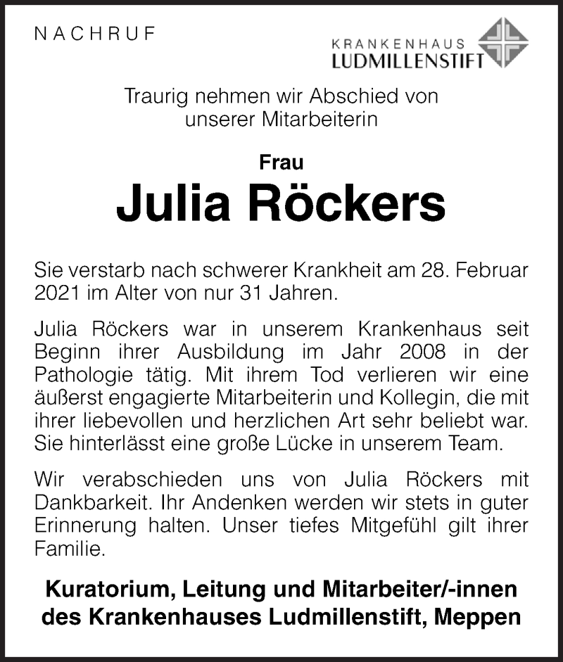  Traueranzeige für Julia Röckers vom 06.03.2021 aus Neue Osnabrücker Zeitung GmbH & Co. KG