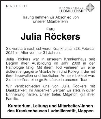 Traueranzeige von Julia Röckers von Neue Osnabrücker Zeitung GmbH & Co. KG