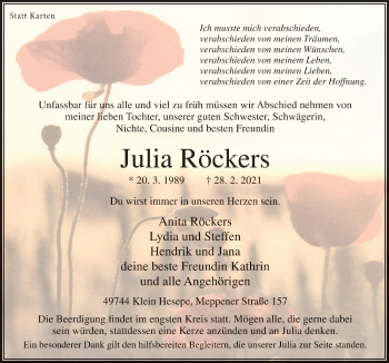 Traueranzeige von Julia Röckers von Neue Osnabrücker Zeitung GmbH & Co. KG