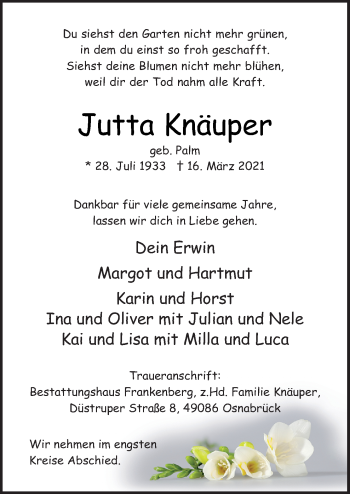 Traueranzeige von Jutta Knäuper von Neue Osnabrücker Zeitung GmbH & Co. KG