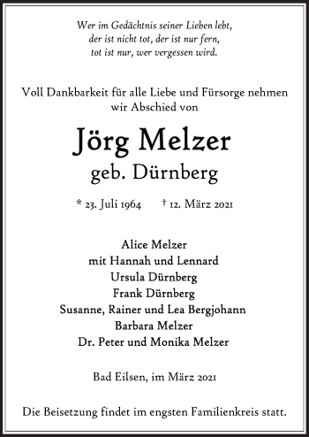 Traueranzeige von Jörg Melzer von Neue Osnabrücker Zeitung GmbH & Co. KG