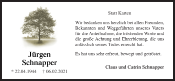 Traueranzeige von Jürgen Schnapper von Neue Osnabrücker Zeitung GmbH & Co. KG
