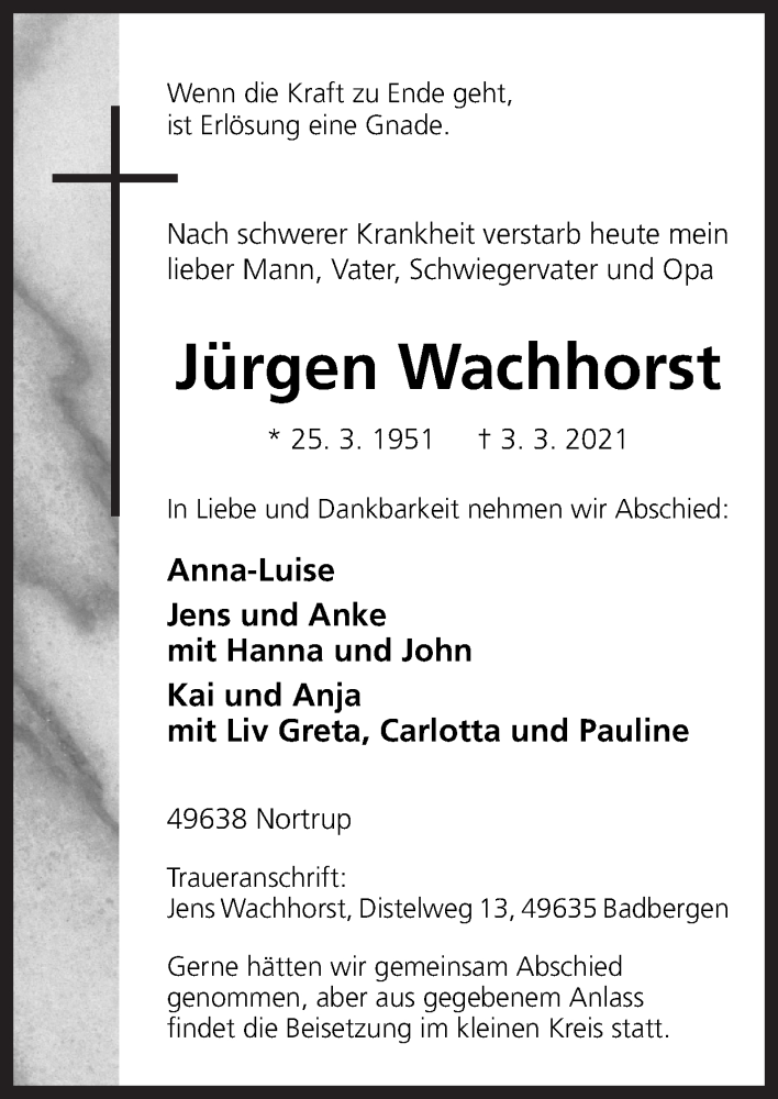  Traueranzeige für Jürgen Wachhorst vom 06.03.2021 aus Neue Osnabrücker Zeitung GmbH & Co. KG
