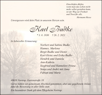 Traueranzeige von Karl Budke von Neue Osnabrücker Zeitung GmbH & Co. KG