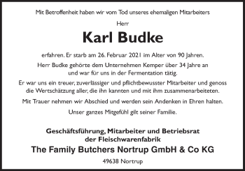 Traueranzeige von Karl Budke von Neue Osnabrücker Zeitung GmbH & Co. KG