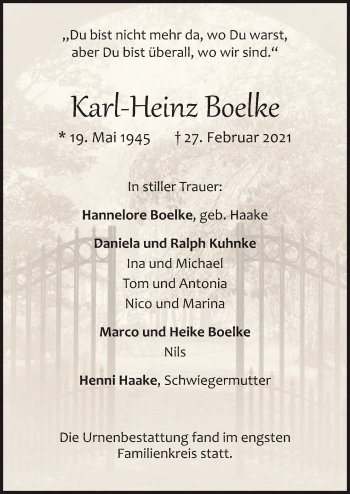 Traueranzeige von Karl-Heinz Boelke von Neue Osnabrücker Zeitung GmbH & Co. KG