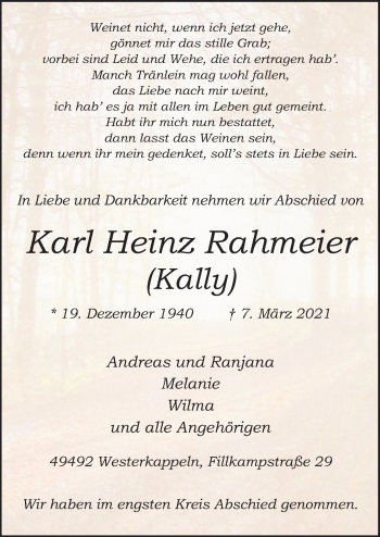 Traueranzeige von Karl Heinz Rahmeier von Neue Osnabrücker Zeitung GmbH & Co. KG