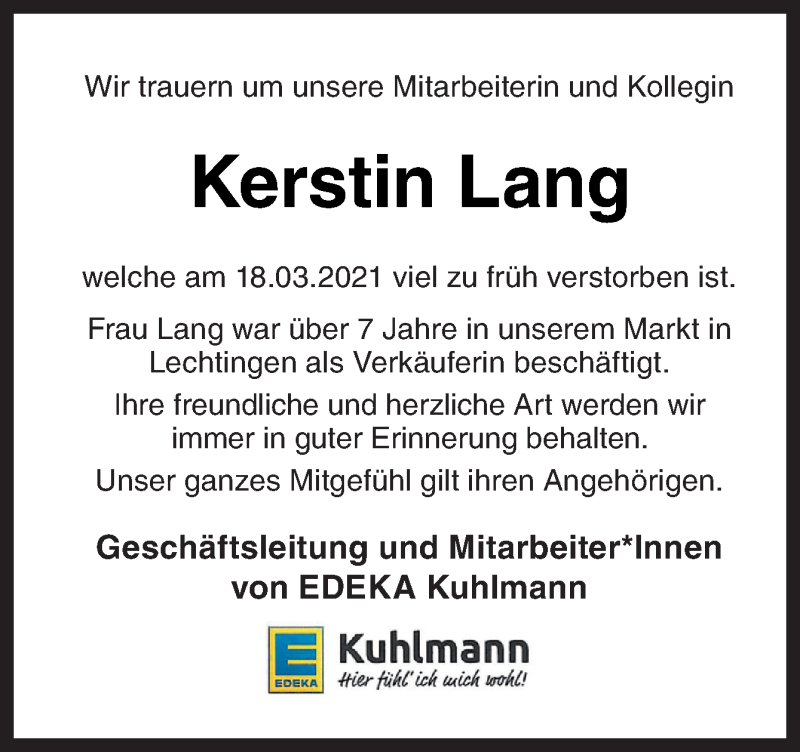  Traueranzeige für Kerstin Lang vom 24.03.2021 aus Neue Osnabrücker Zeitung GmbH & Co. KG