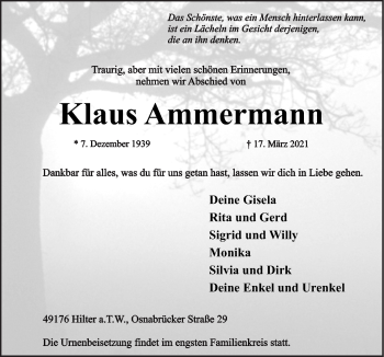 Traueranzeige von Klaus Ammermann von Neue Osnabrücker Zeitung GmbH & Co. KG